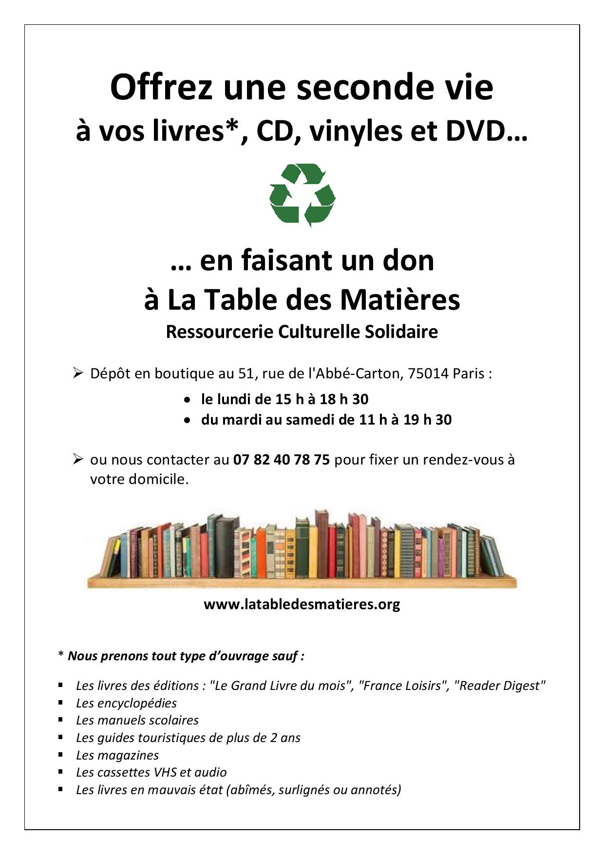 Appel aux dons livres, CD, vinyles, DVD LA TABLE DES MATIÈRES